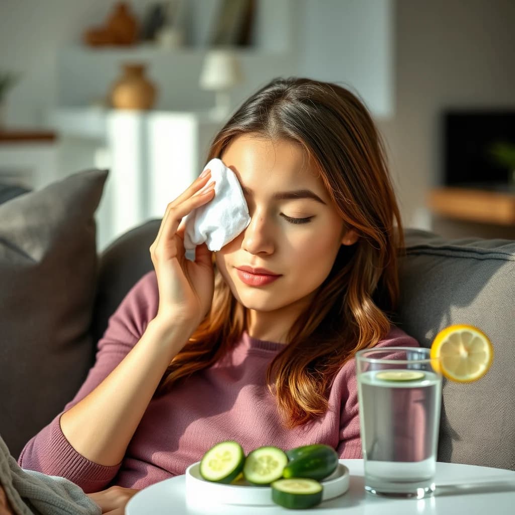 Perempuan menangani mata bengkak setelah menangis dengan kompres dingin