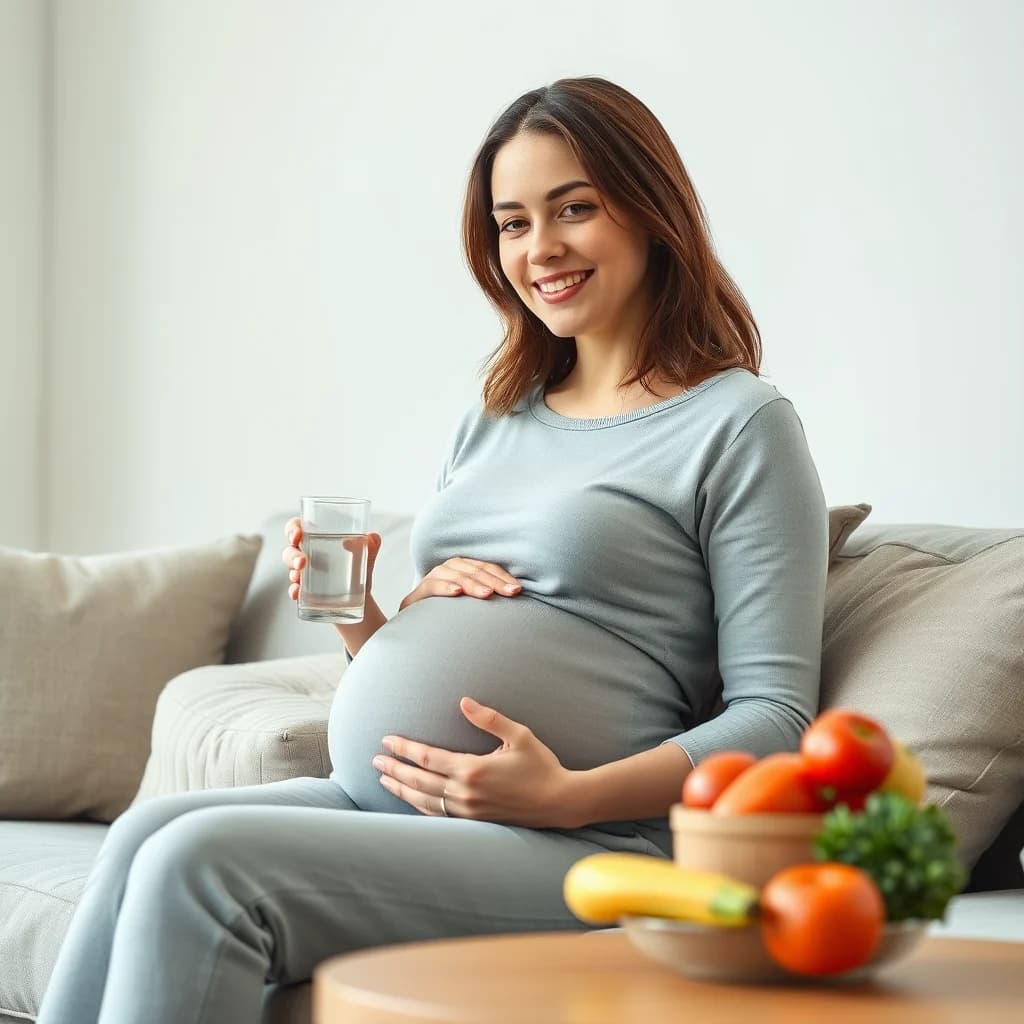 Seorang wanita hamil yang tersenyum lembut, duduk dengan nyaman di sofa, memegang gelas air dan wadah pemerah mulut yang menyehatkan, dengan beberapa buah-buahan dan sayuran sehat di atas meja di dekatnya