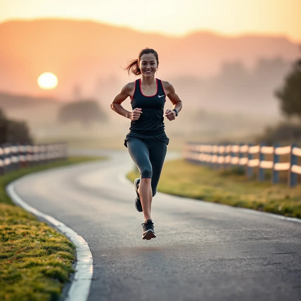 Atlet menguasai ritme lari di trek jogging dengan senyum gembira