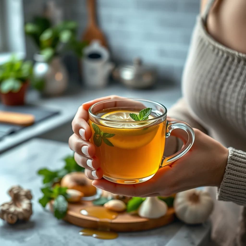 Orang memegang cangkir teh herbal dengan madu, lemon, dan daun mint untuk mengobati batuk