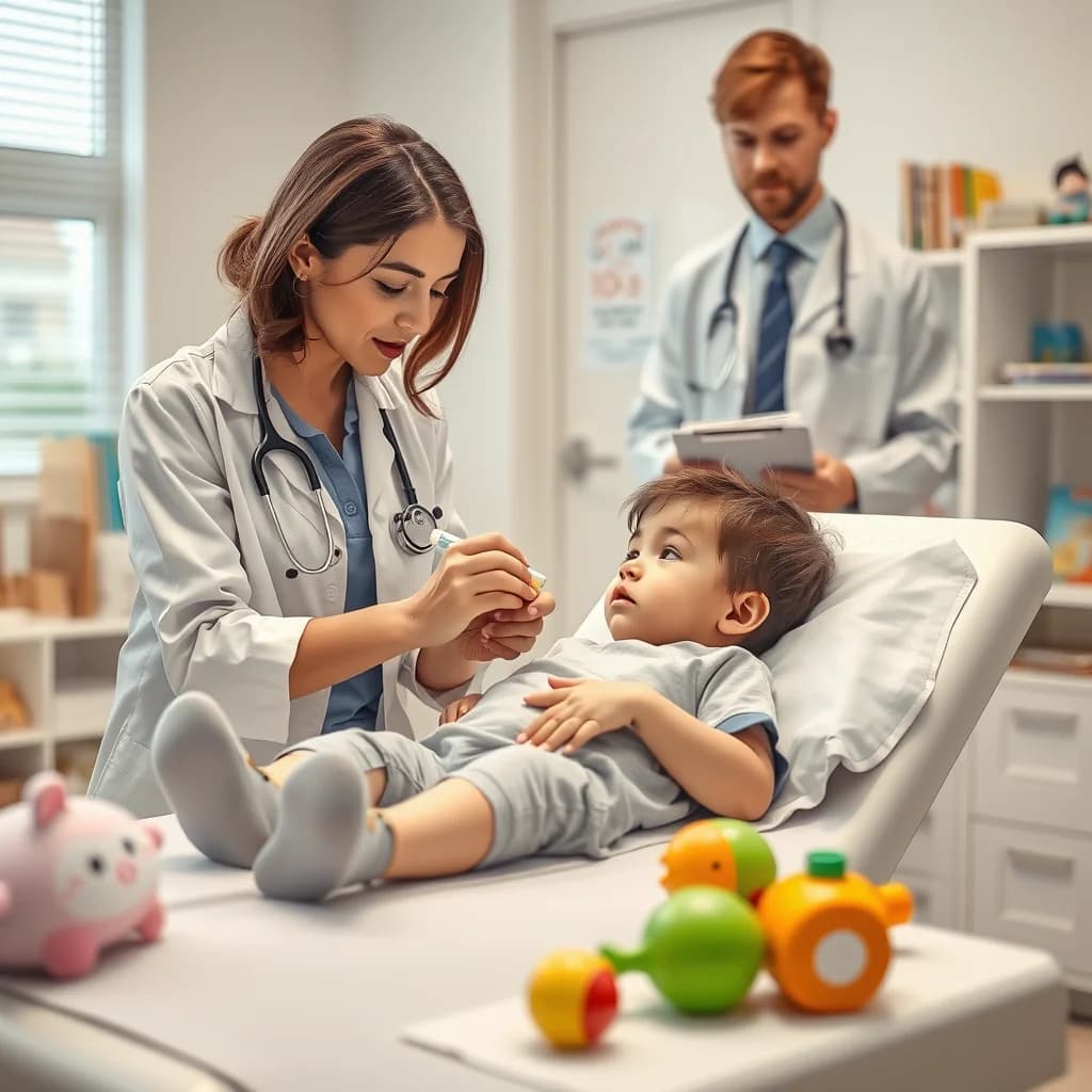 Ibu memberikan obat kepada anak 2 tahun di klinik anak