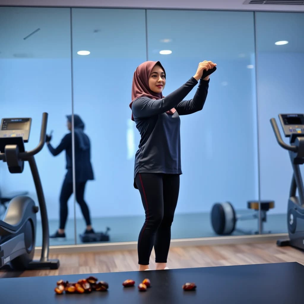 Ibu muslim melakukan olahraga di gym sambil berpuasa pada bulan Ramadan