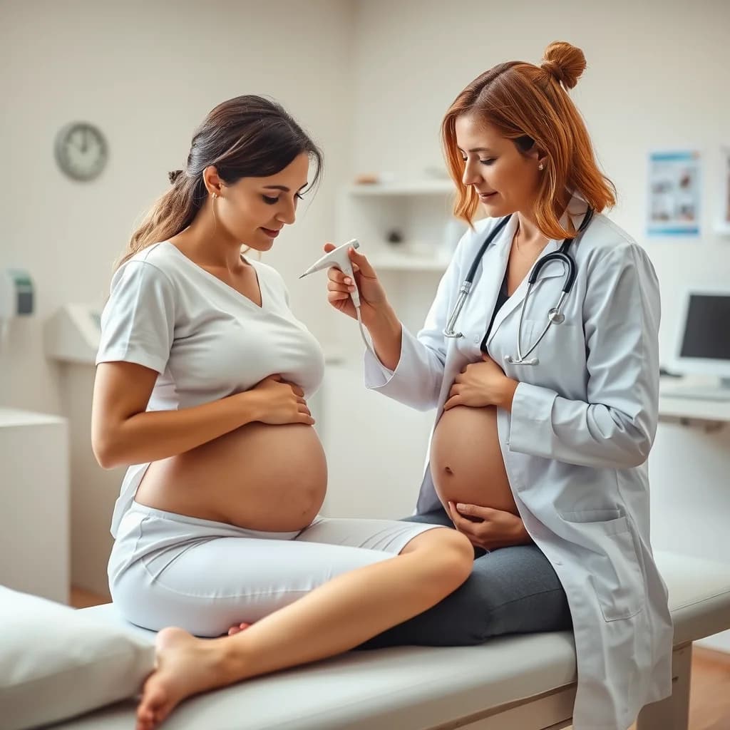 Dokter kandungan memeriksa tinggi fundus uteri pada ibu hamil