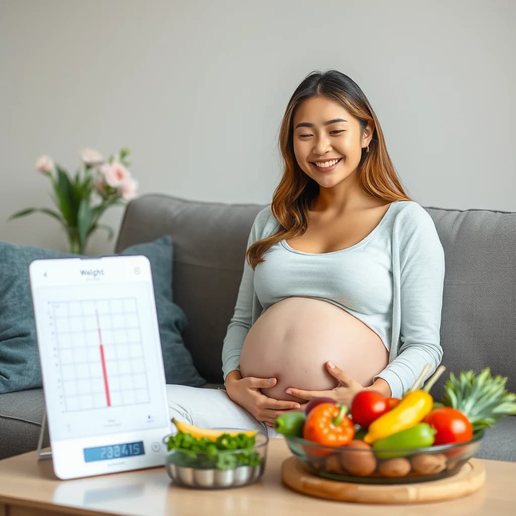 Seorang ibu hamil yang duduk santai di sofa dengan makanan sehat buah-buahan dan sayuran di atas meja kopi