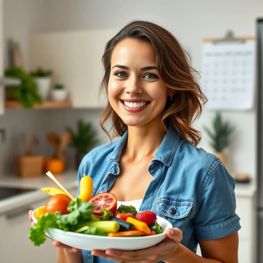 Perempuan muda memasak makanan seimbang untuk kesehatan