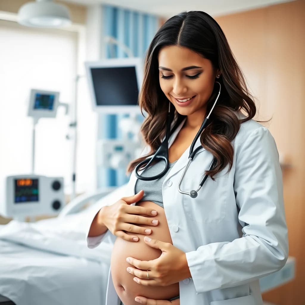 Dokter memeriksa abdomen wanita hamil untuk memastikan persalinan operasi Caesar lancar