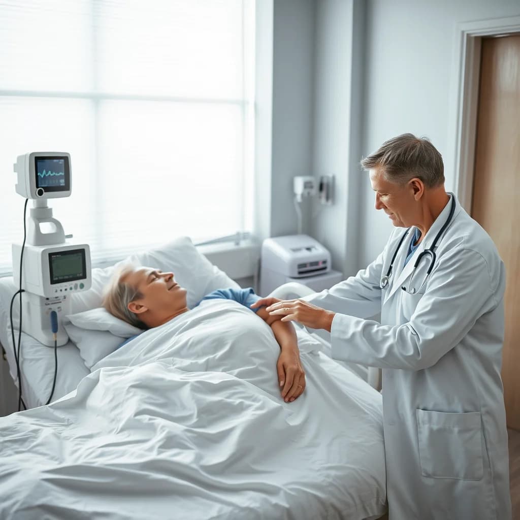 Dokter memeriksa vital pasien di ruang rawat inap modern dan bersih