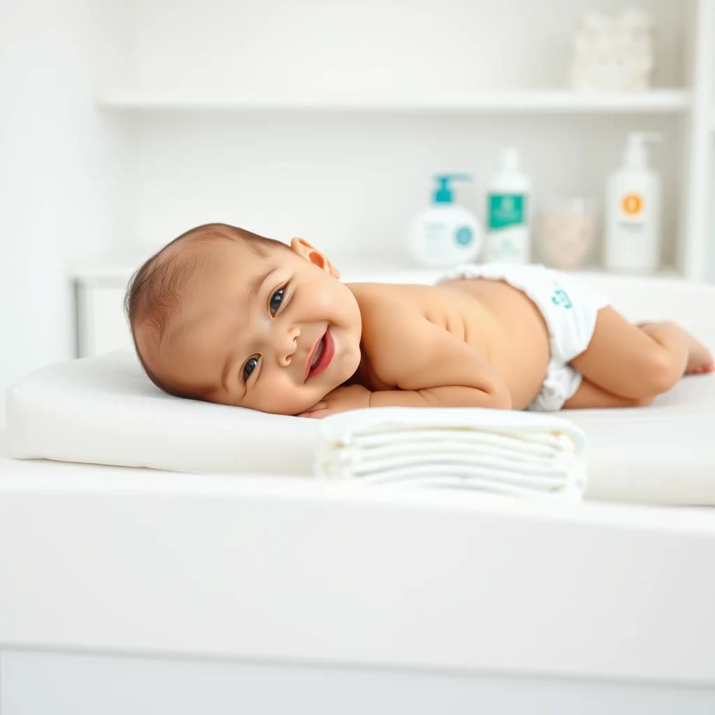 Bayi di atas meja ganti dengan popok nyaman di sekitar