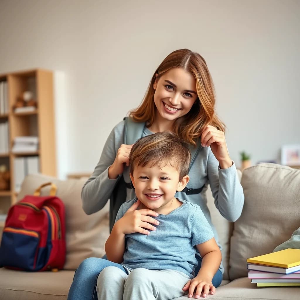 Ibu membantu anaknya melepas tas sekolah untuk mencegah nyeri punggung