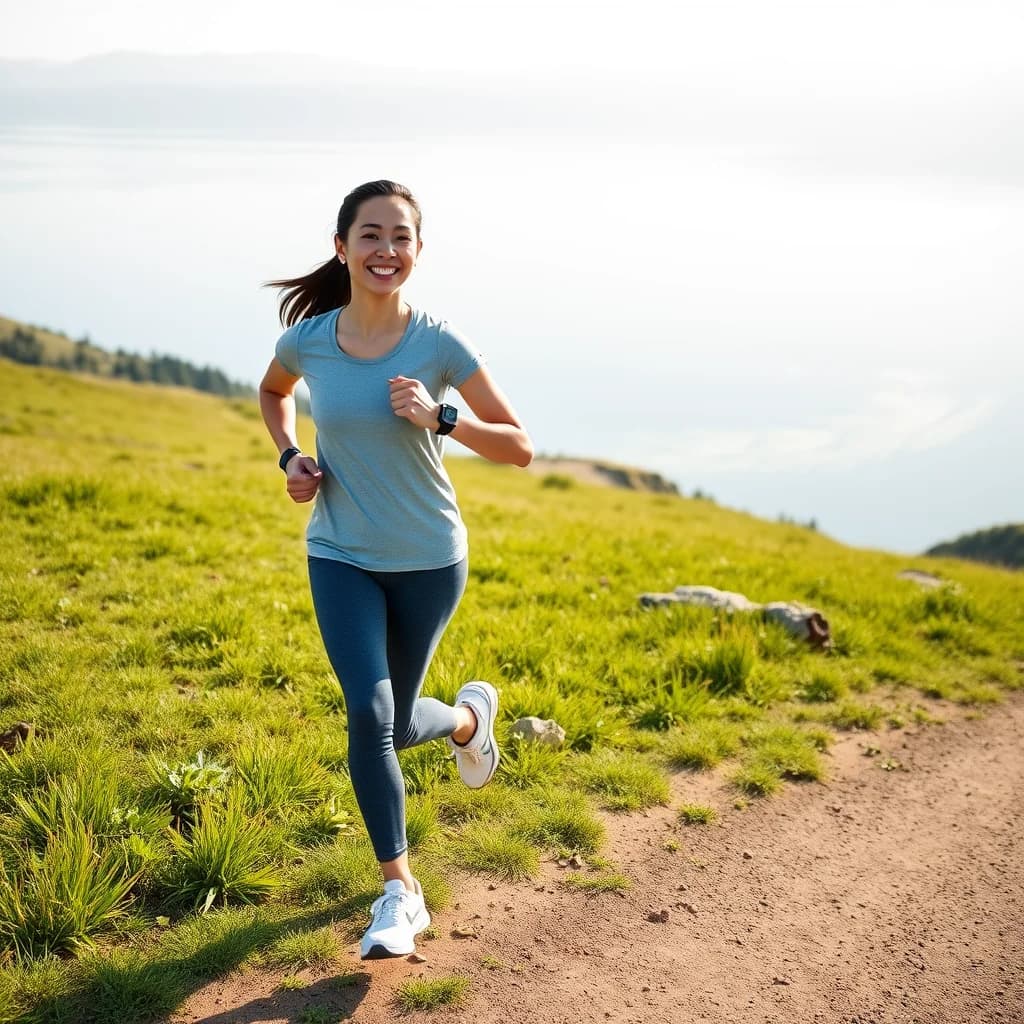 Perempuan muda berolahraga di bukit hijau dengan danau di latar belakang