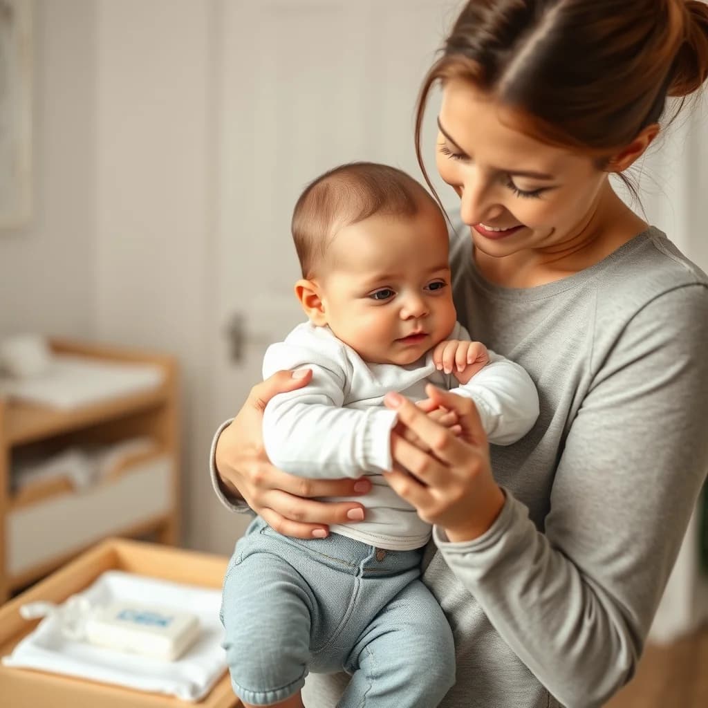 Ibu yang cinta memeluk bayi laki-lakinya untuk mencegah ruam popok
