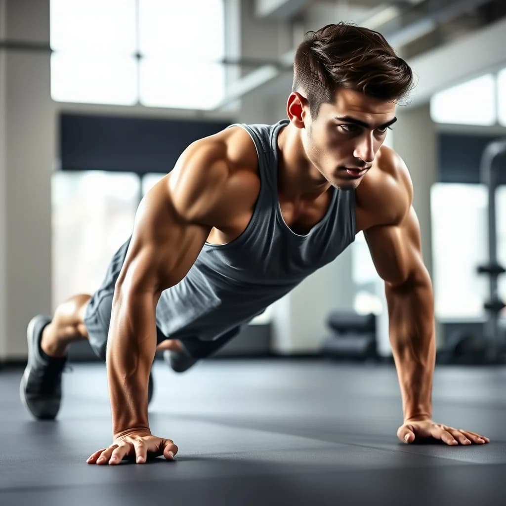 Pria melakukan push-up dengan teknik yang benar di pusat kebugaran modern