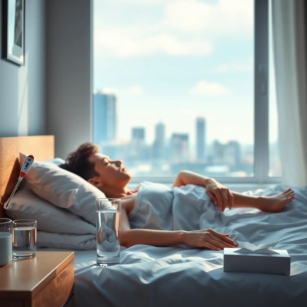 Seseorang dalam kondisi pemulihan Flu Singapura di tempat tidur dengan peralatan kesehatan di sekitarnya