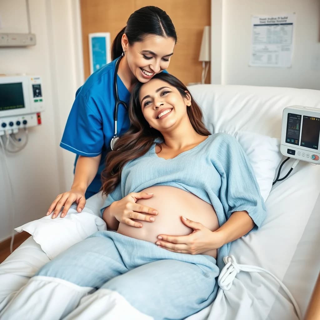 Seorang ibu hamil trimester 3 berada di bawah perawatan perawatan yang hangat dari seorang perawat