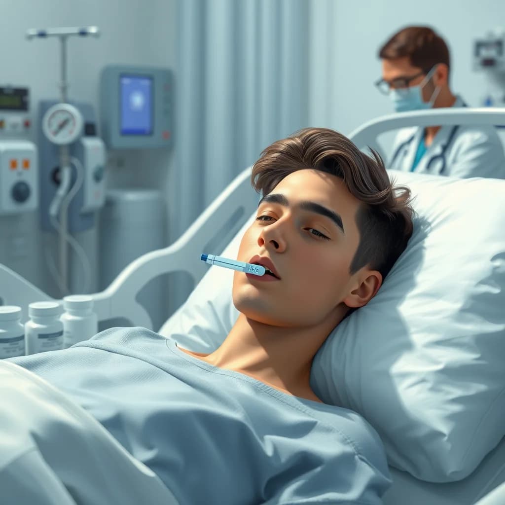 Seorang remaja berada di tempat tidur di rumah sakit sambil mendapat perawatan dokter