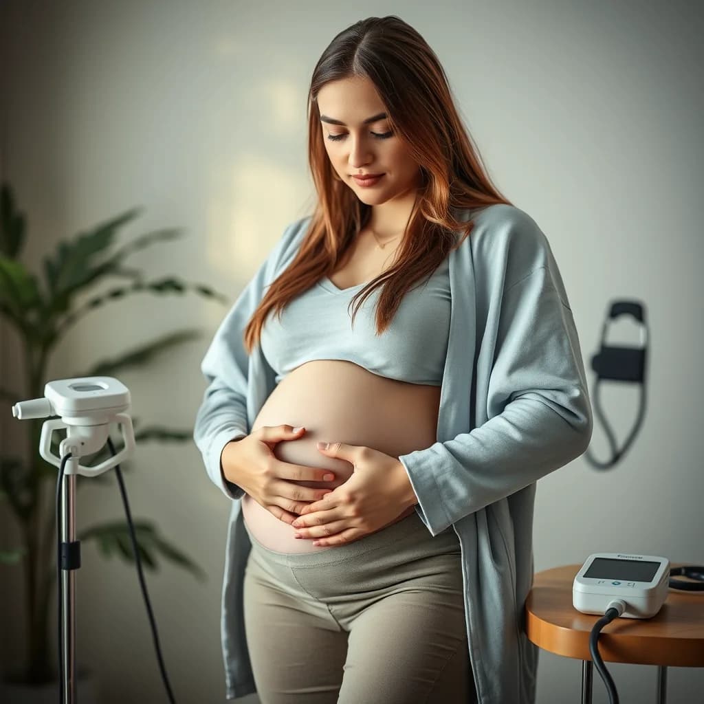 Ibu hamil menjaga kesehatan janin dengan bantuan peralatan medis.