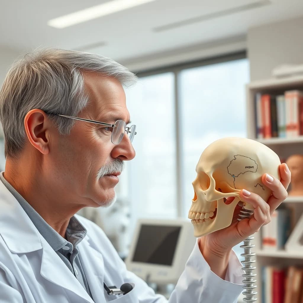 Ahli medis memeriksa otak manusia dengan menggunakan model tengkorak 3D