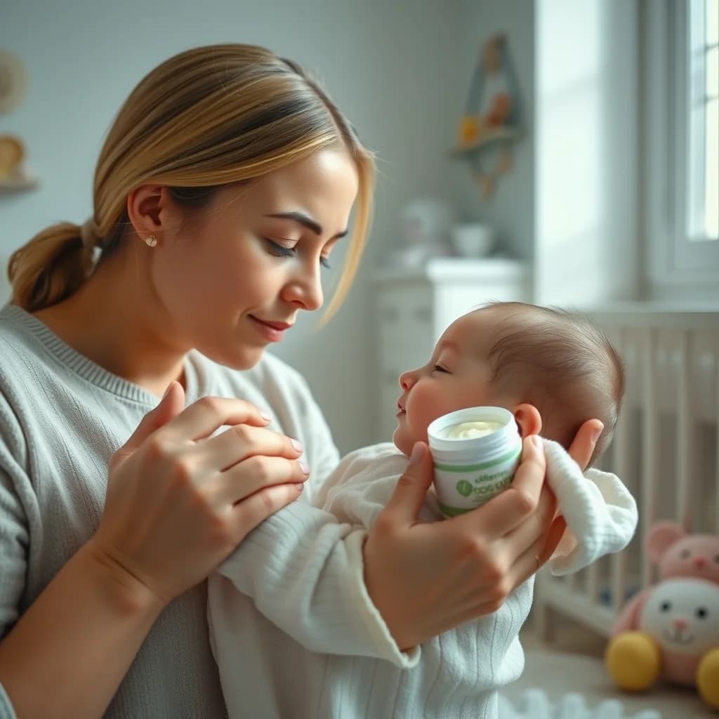 Ibu menerapkan balsam bayi pada kulit bayinya untuk kulit sensitif