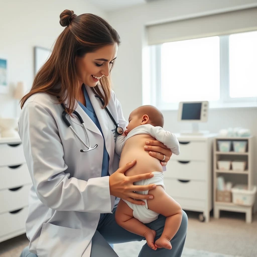 Dokter anak memeriksa area popok bayi untuk mendeteksi ruam popok