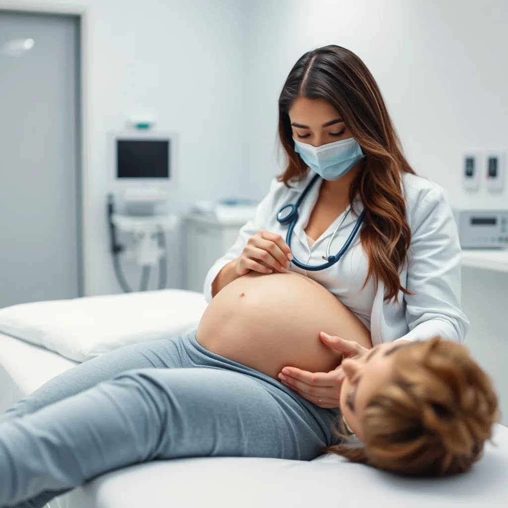 Dokter memeriksa ibu hamil untuk mendeteksi kondisi sesak napas