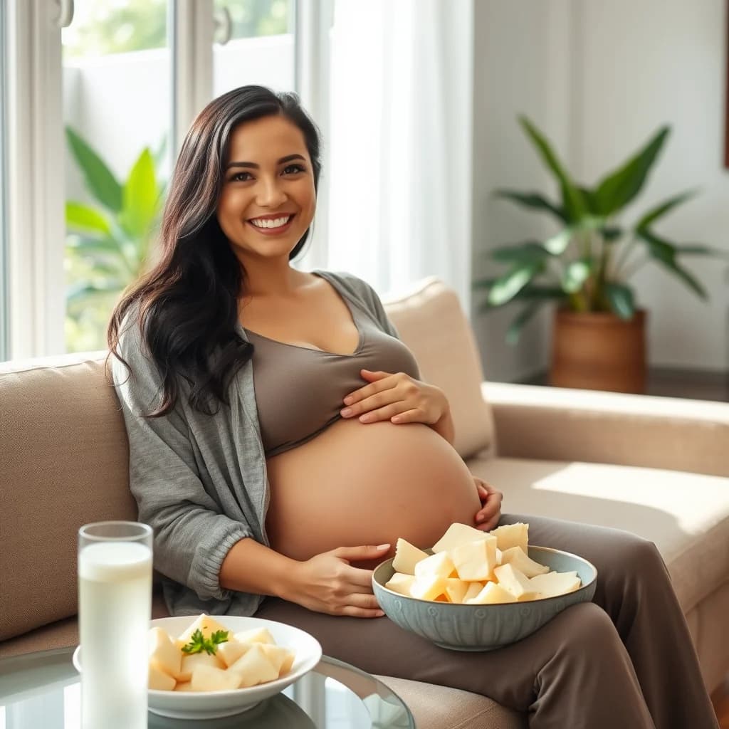 Ibu hamil yang sehat memakan singkong dan air kelapa