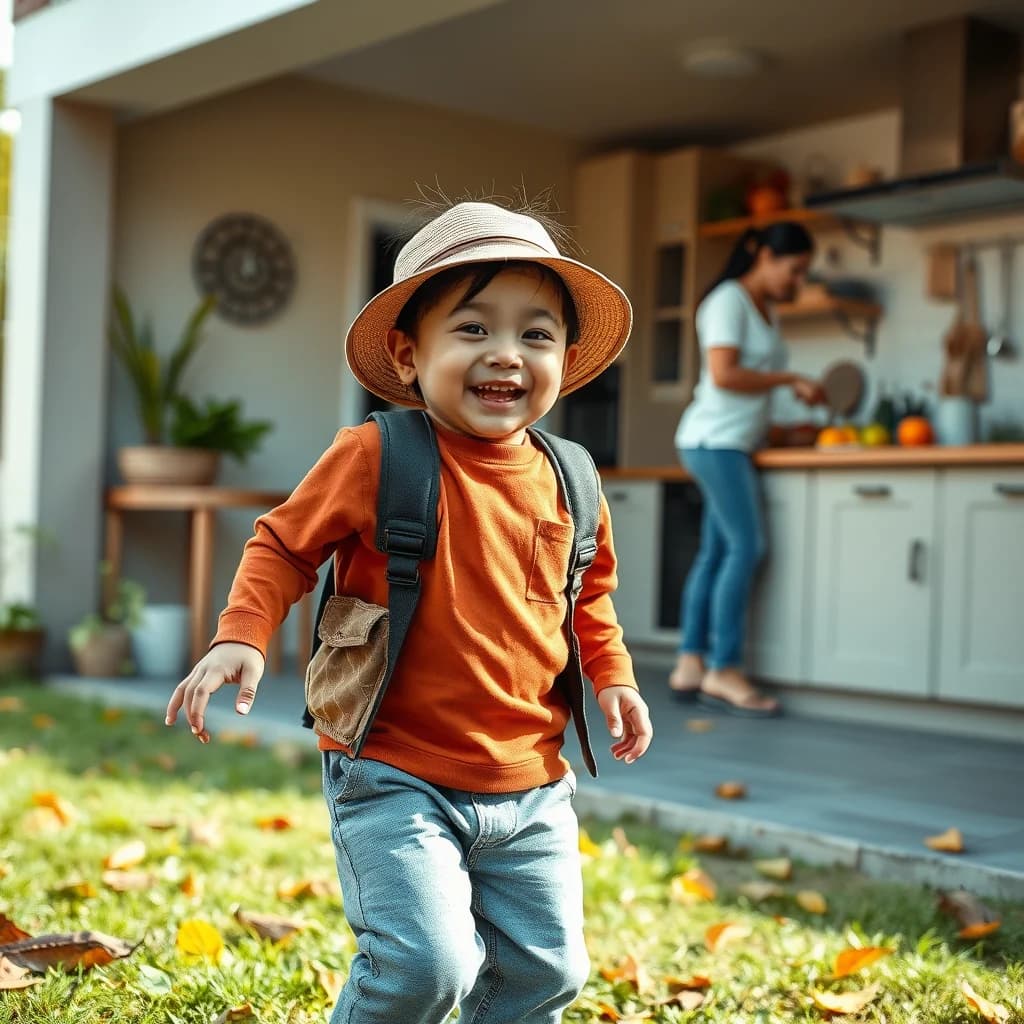 Anak Indonesia bermain di luar sambil ibu memasak makanan sehat
