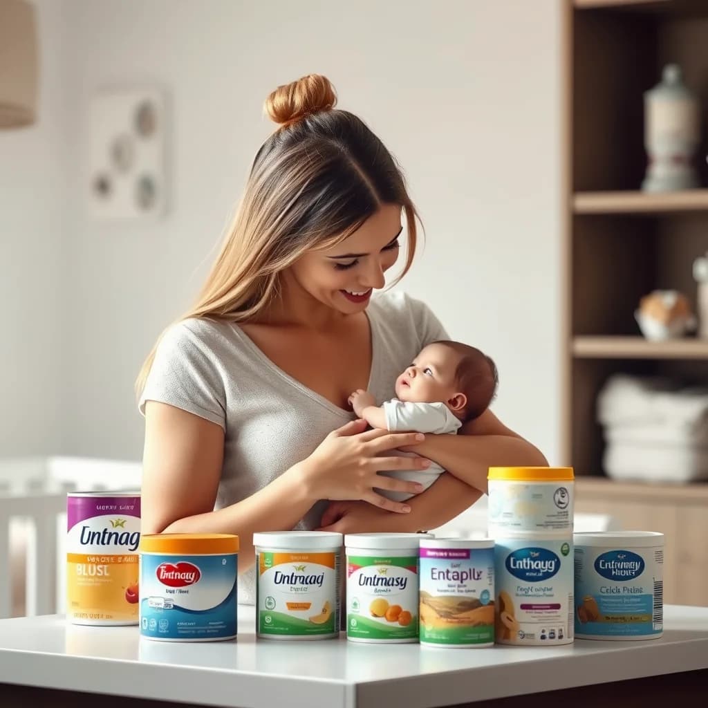 Ibu memeluk bayi sambil menampilkan pilihan susu formula terbaik