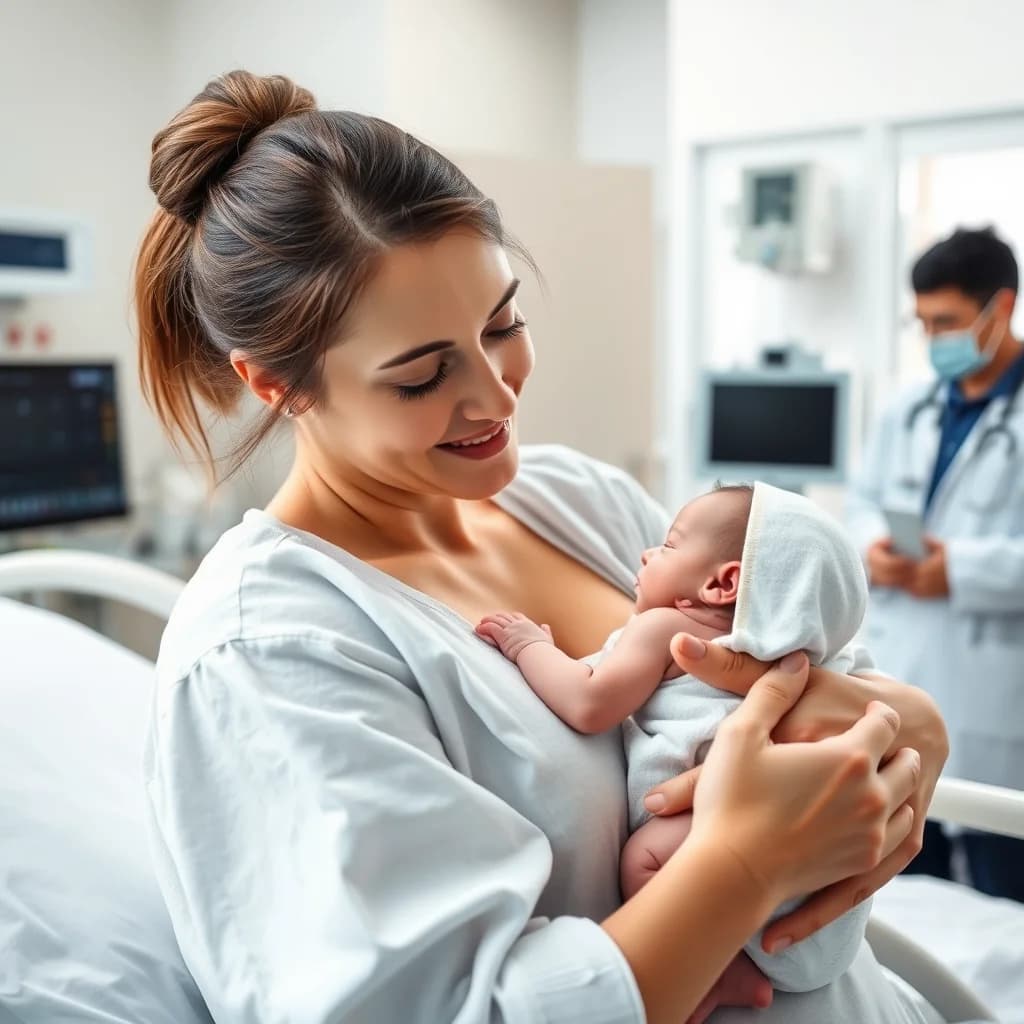 Ibu baru melahirkan menenangkan bayinya yang baru lahir dengan tangisan pertama