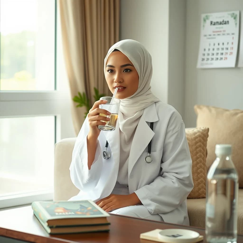 Seorang dokter perempuan meminum air untuk menjaga hidrasi selama puasa Ramadan