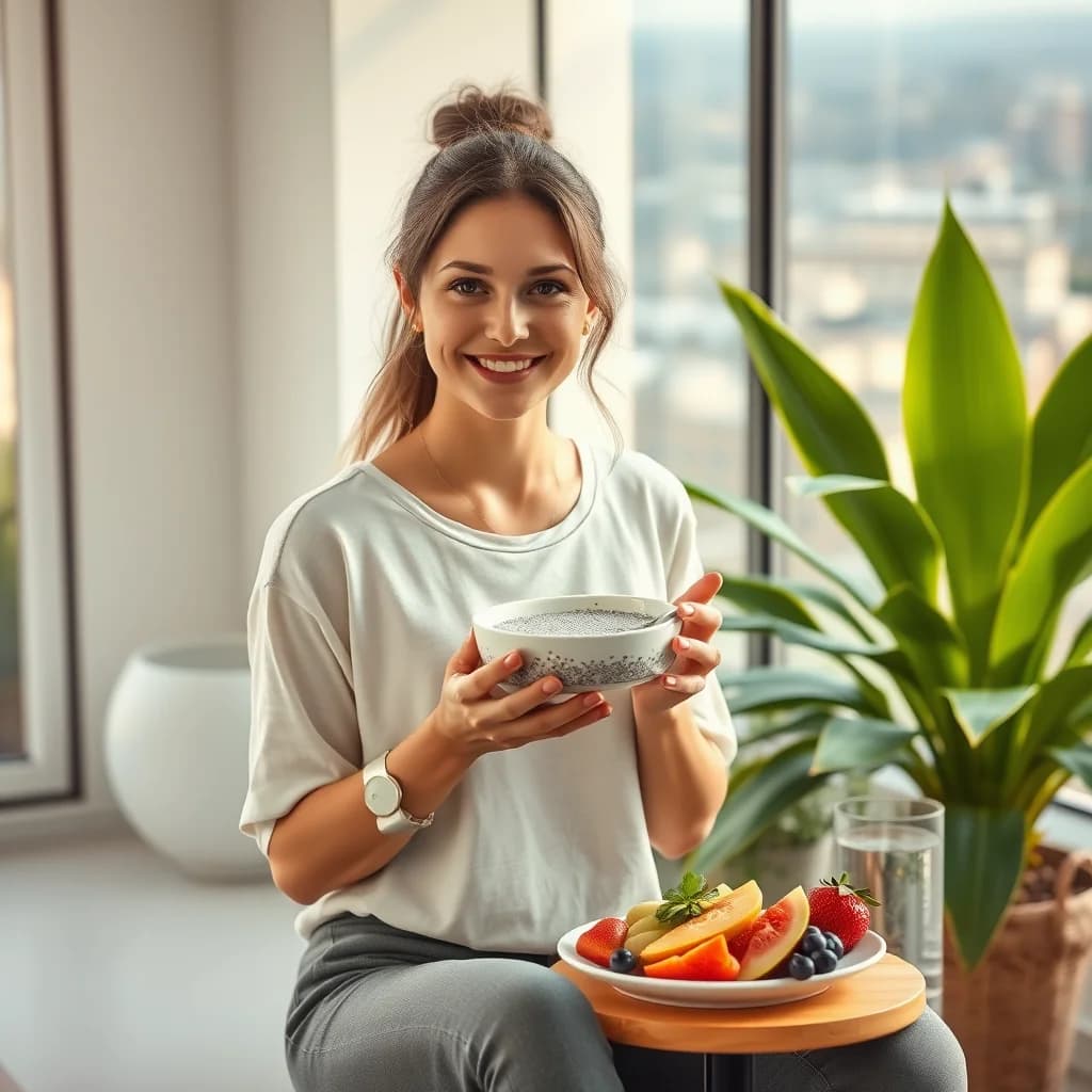 Seorang wanita mengonsumsi chia seed untuk mencapai tujuan kesehatan
