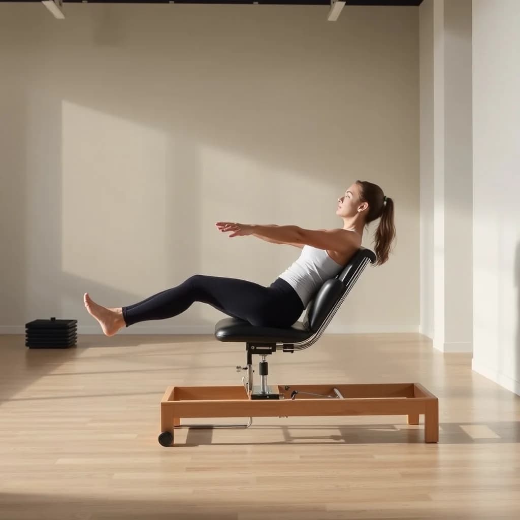 Seseorang menggunakan Wunda Chair Pilates untuk meningkatkan kekuatan otot inti